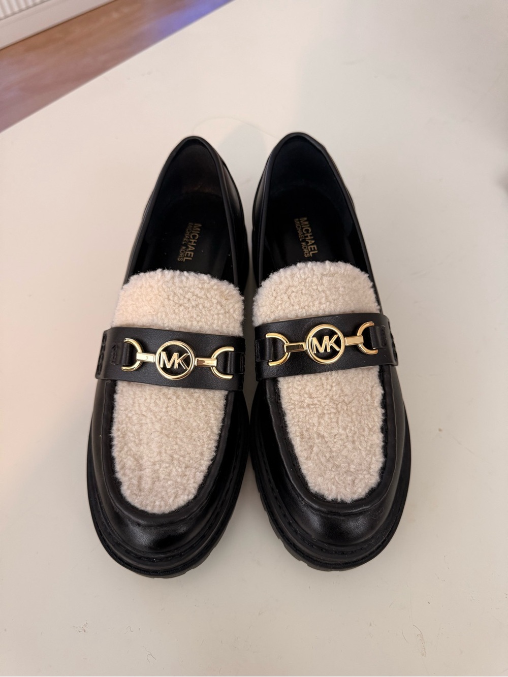 Michael Kors Black Leather Loafers with Cream Shearling and Gold MK Hardware